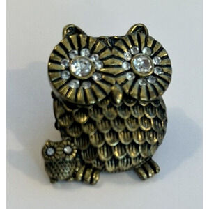 Stunning Gold Tone Cocktail Ring Stretch Mom Baby Owl Rhinestones 1 1/2" Face
